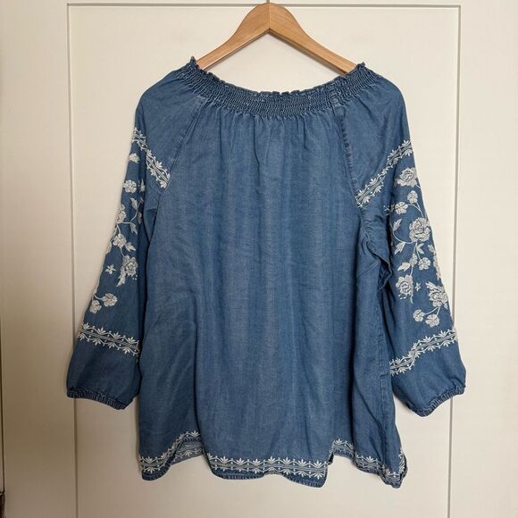 J Jill Denim Chambray Top Womens Sz XL Blue Embroidered Long Sleeve Peasant Boho - Picture 5 of 11